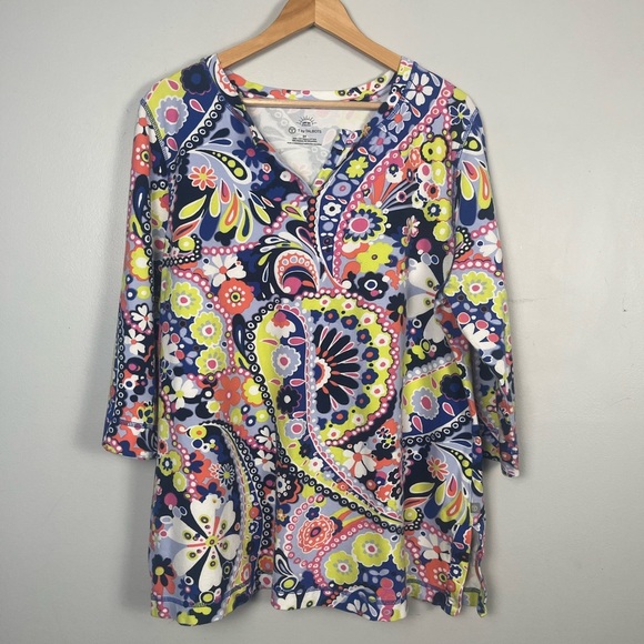TALBOTS WOMEN'S MULTICOLOR PRINTED 3/4 SLEEVE UPF 50 PIQUE TUNIC TOP Sz 2X - Picture 2 of 5
